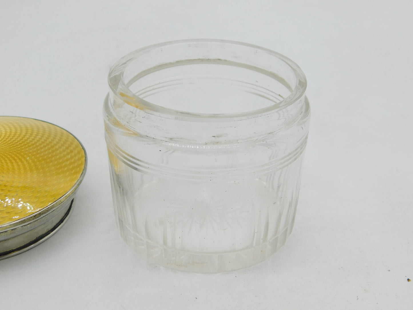 Sterling Silver, Cut Glass, Guilloche Enamel Trinket Pot Antique 1922 Birmingham Art Deco
