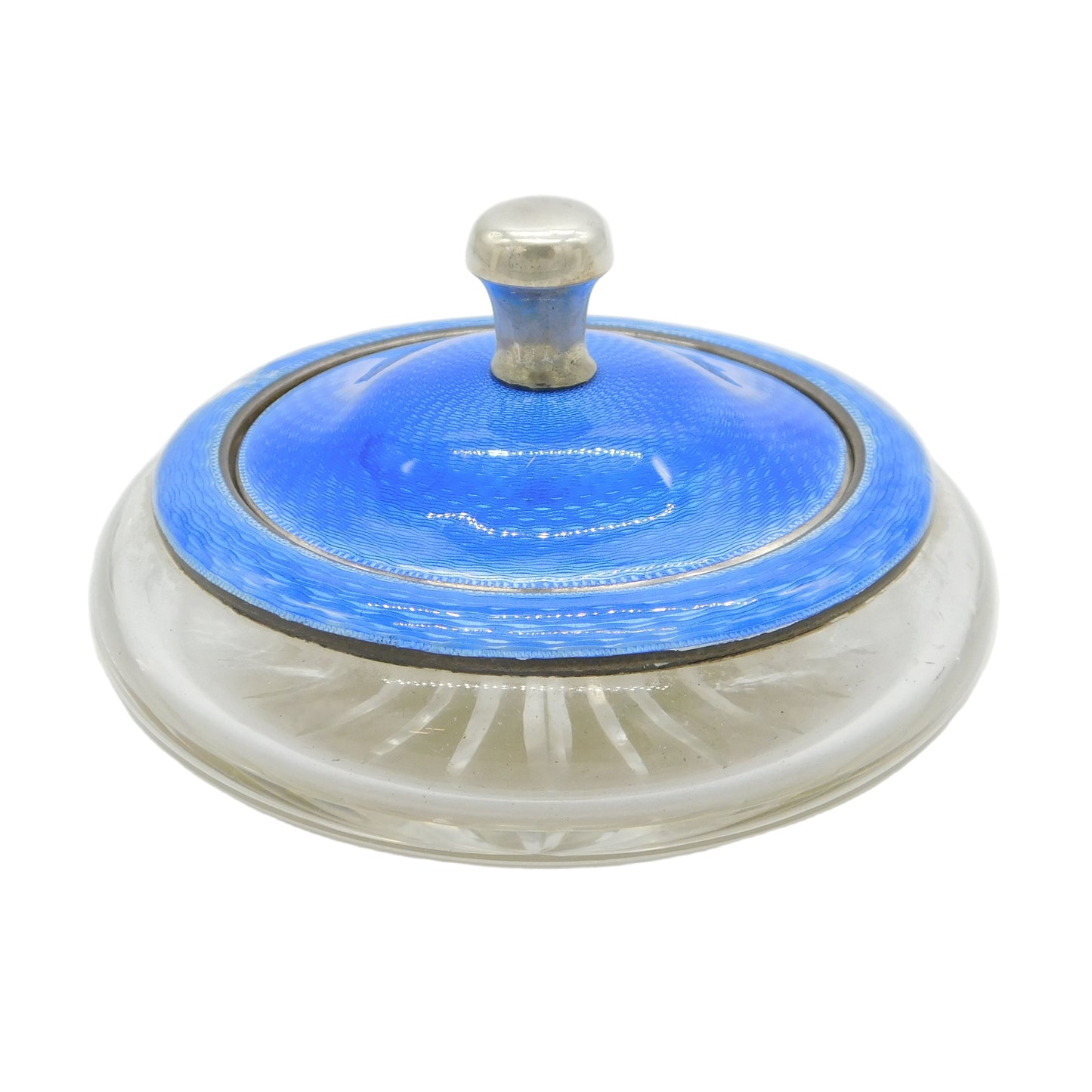 Sterling Silver, Blue Enamel Cut Glass Trinket Pot Antique 1924 Birmingham