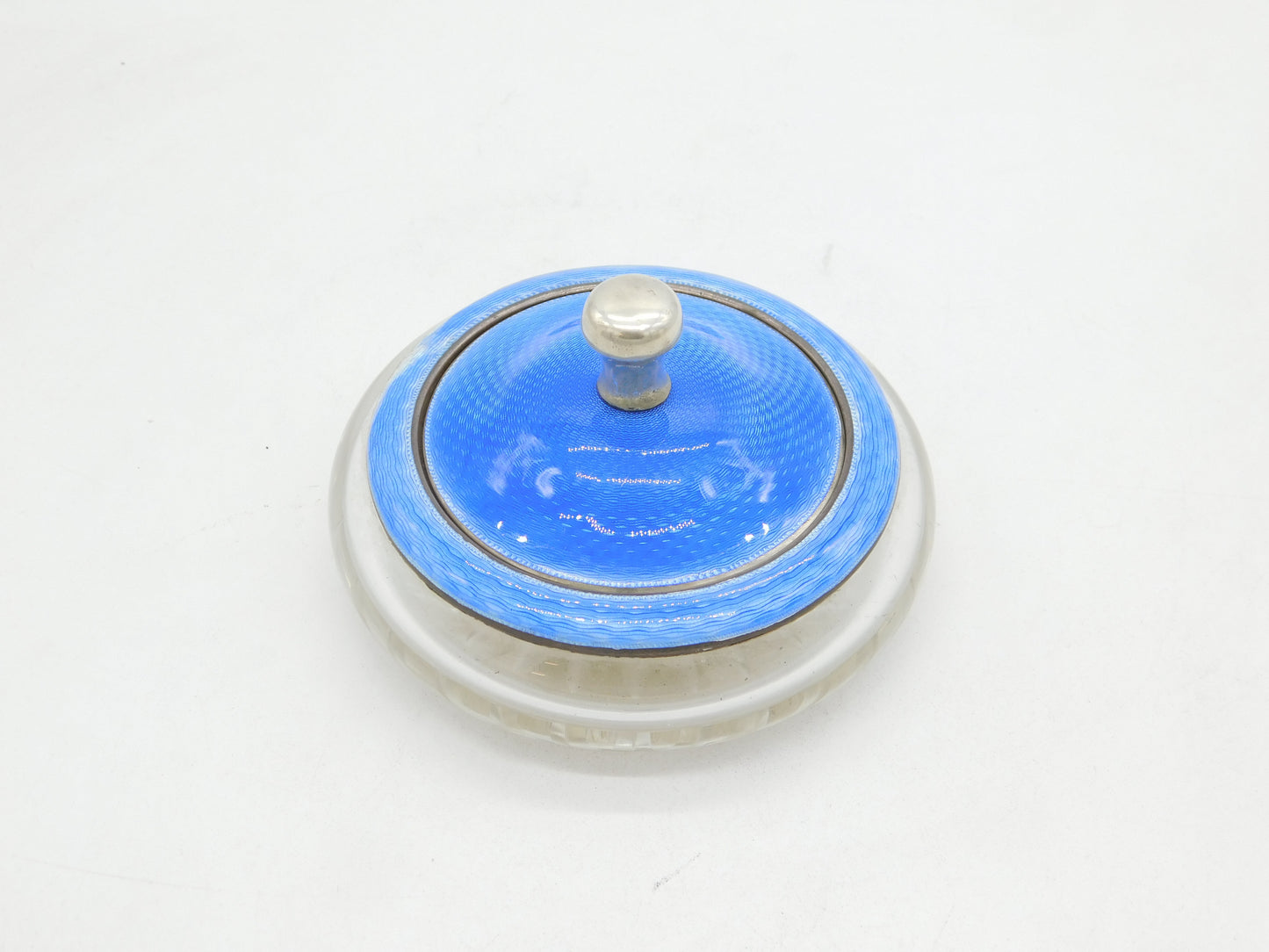 Sterling Silver, Blue Enamel Cut Glass Trinket Pot Antique 1924 Birmingham