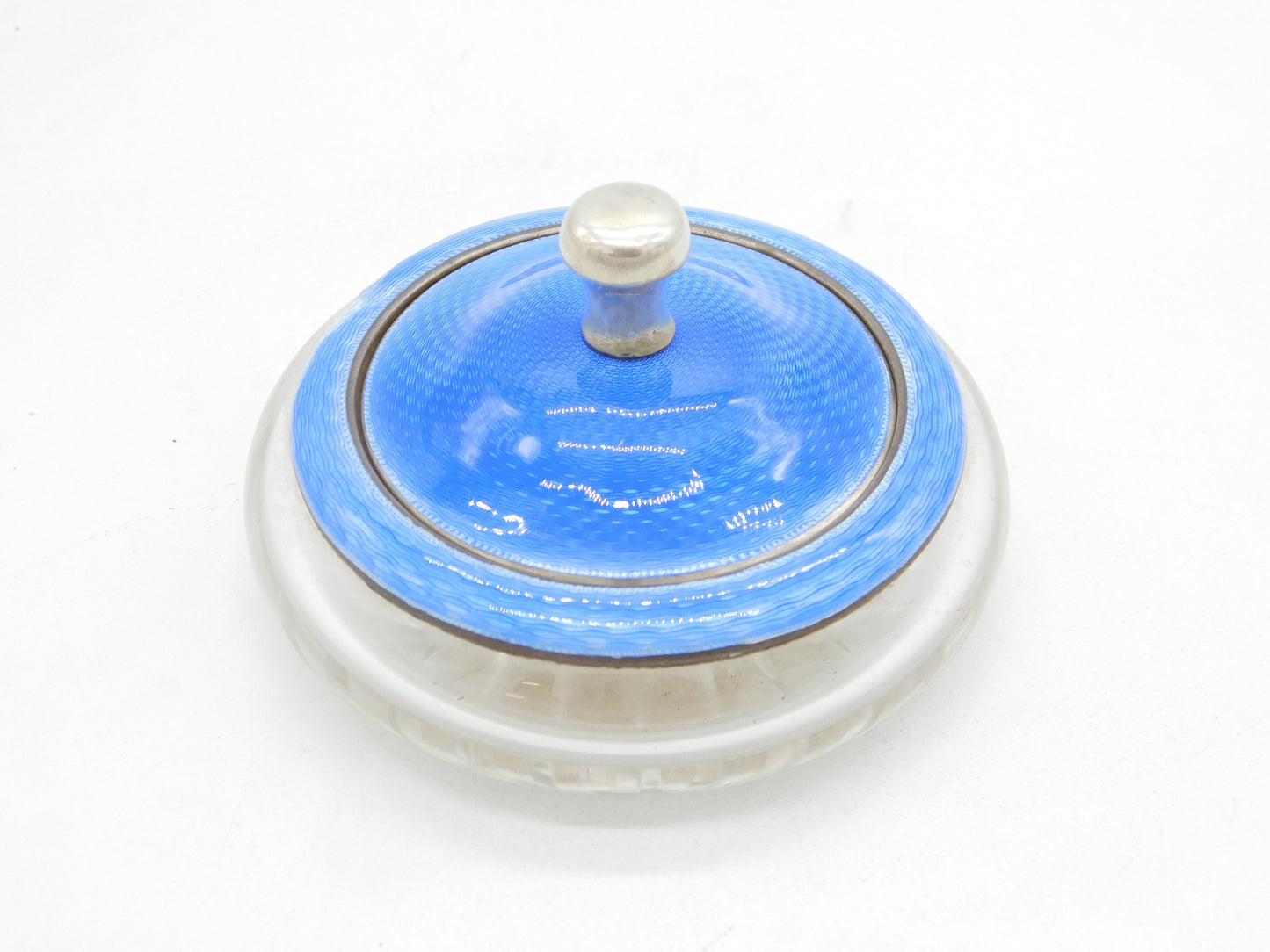 Sterling Silver, Blue Enamel Cut Glass Trinket Pot Antique 1924 Birmingham