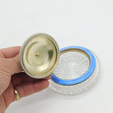 Sterling Silver, Blue Enamel Cut Glass Trinket Pot Antique 1924 Birmingham
