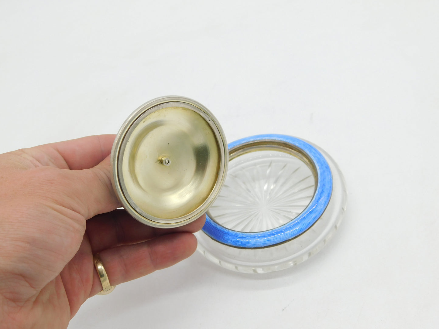 Sterling Silver, Blue Enamel Cut Glass Trinket Pot Antique 1924 Birmingham