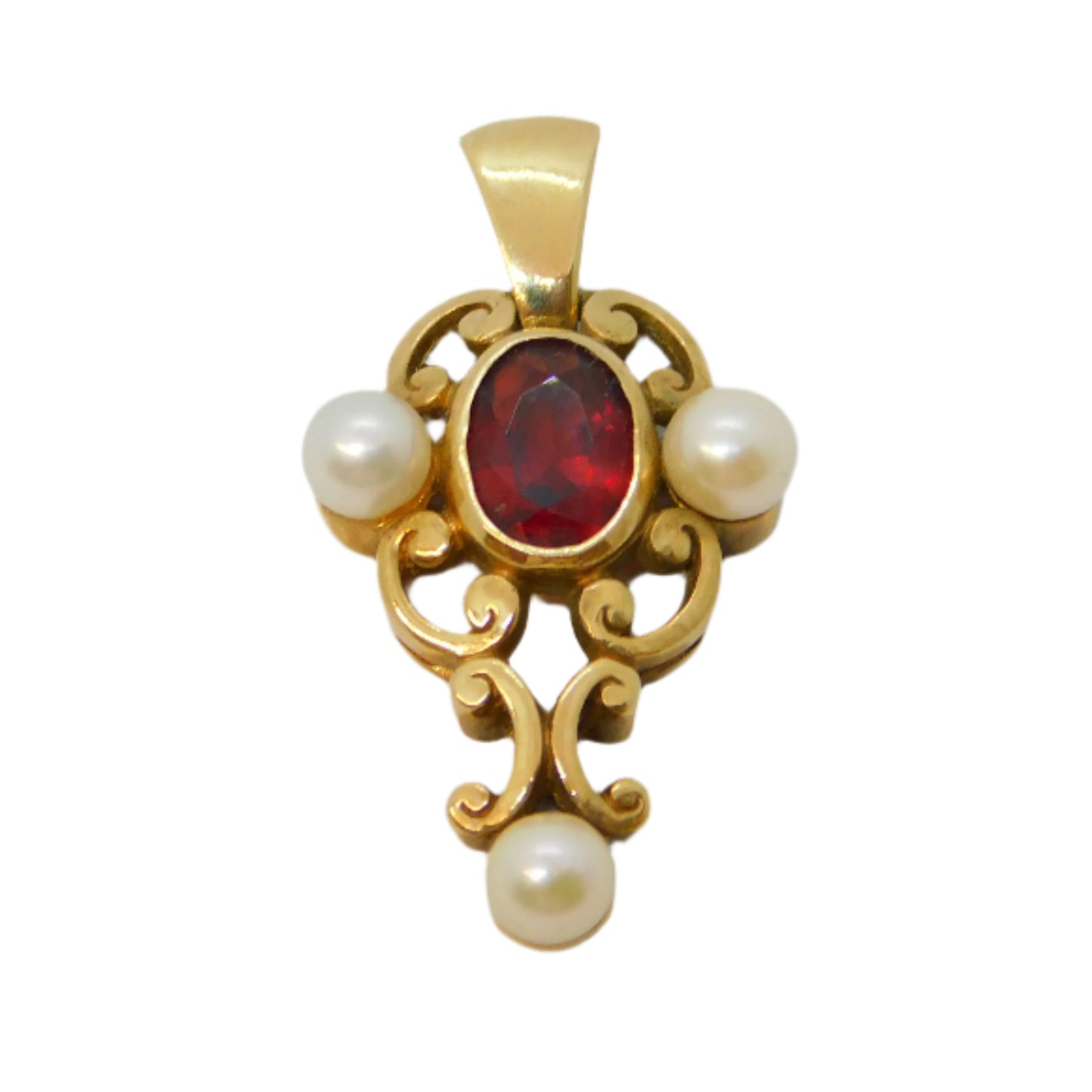 9ct Yellow Gold, Pearl & Garnet Set Floral Drop Pendant Vintage 1996 London