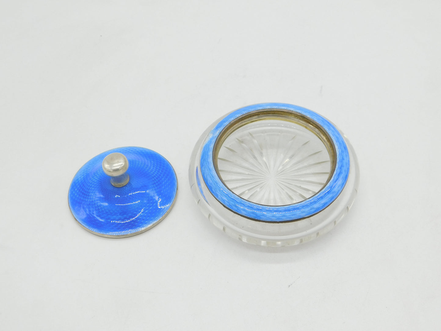 Sterling Silver, Blue Enamel Cut Glass Trinket Pot Antique 1924 Birmingham