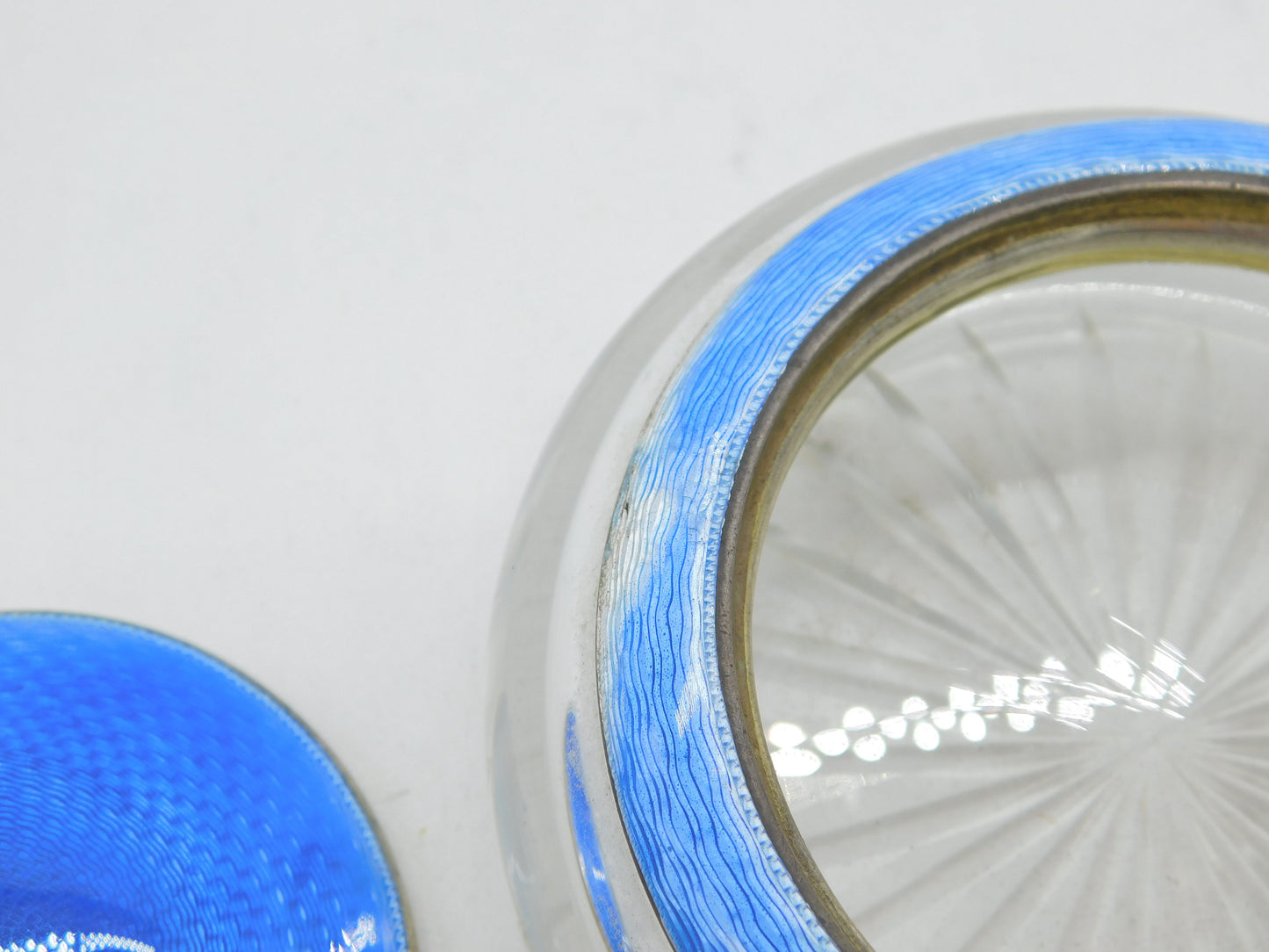 Sterling Silver, Blue Enamel Cut Glass Trinket Pot Antique 1924 Birmingham