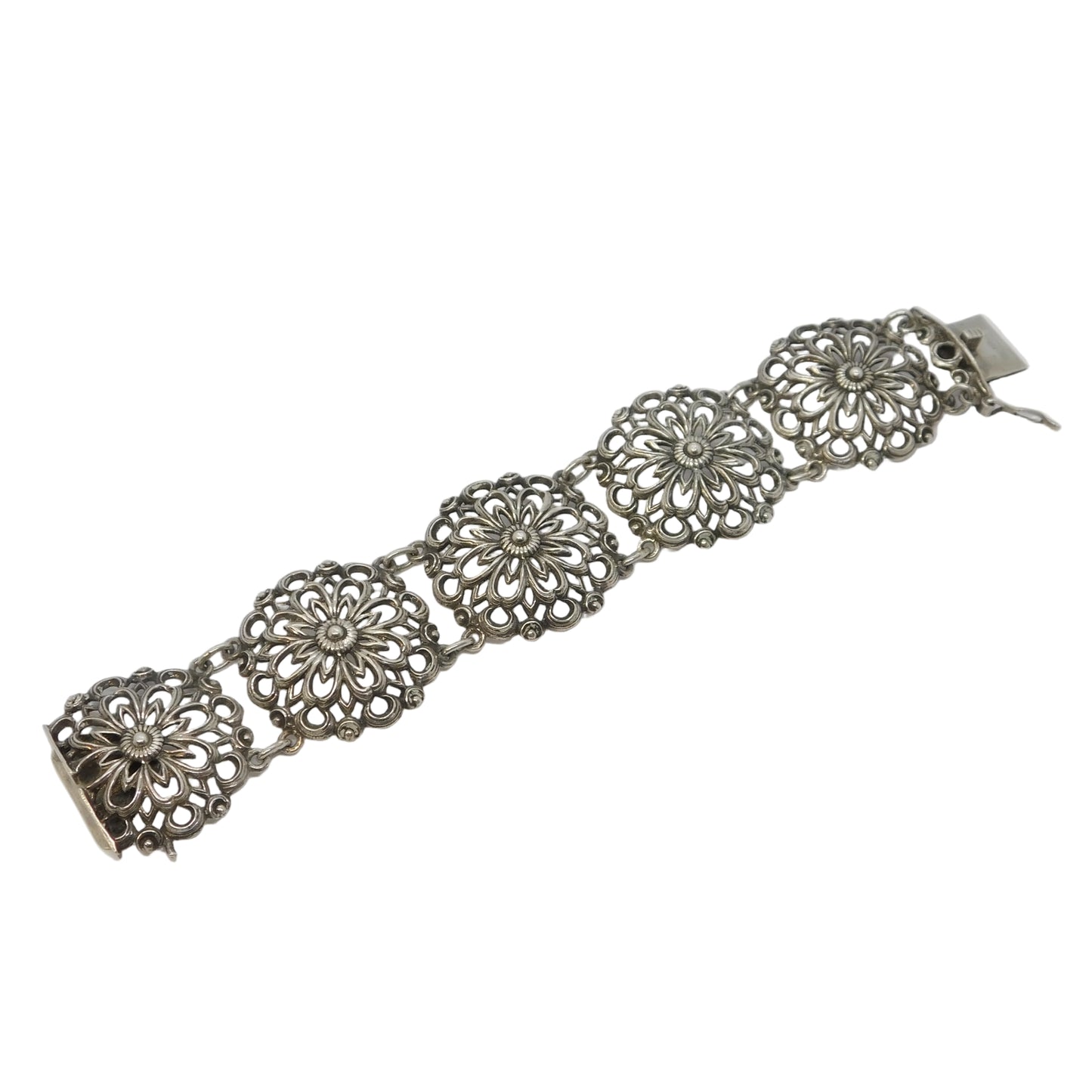 Scandinavian 20th Century .935 Silver Floral Panel Bracelet Antique c1930
