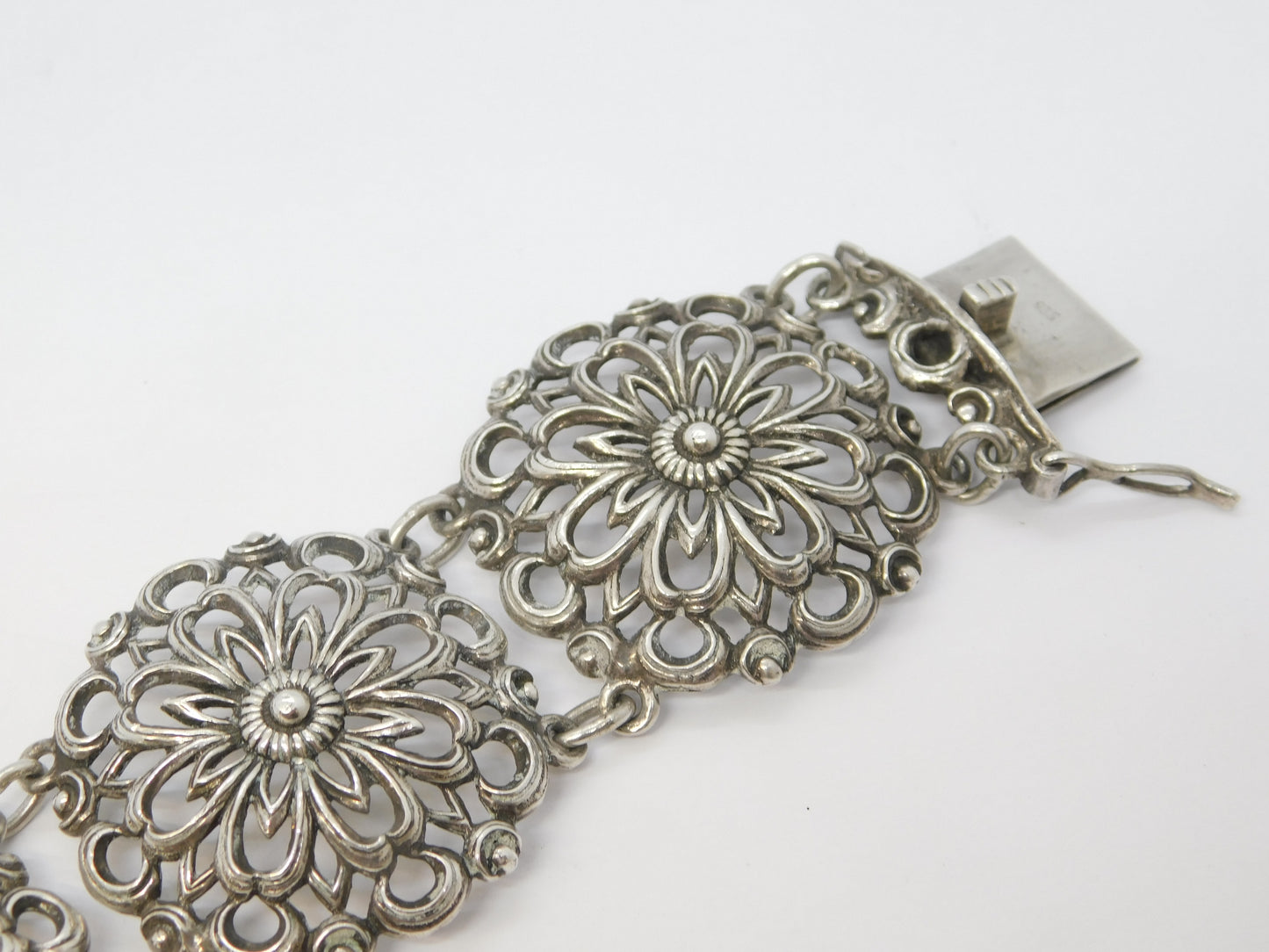 Scandinavian 20th Century .935 Silver Floral Panel Bracelet Antique c1930