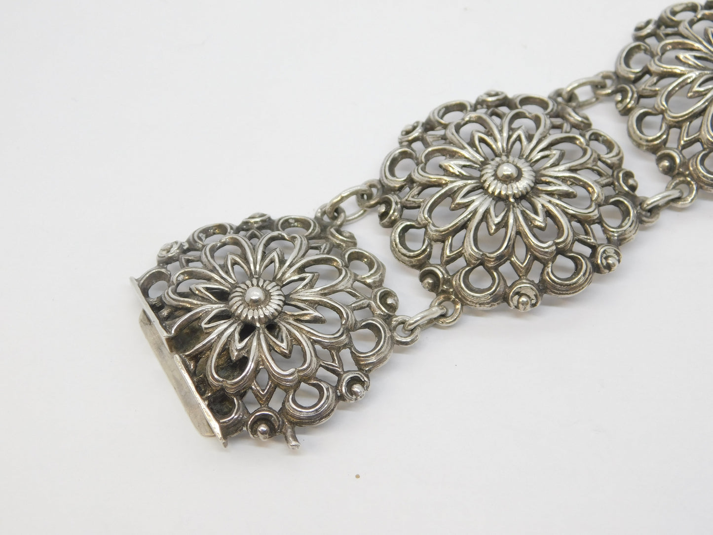 Scandinavian 20th Century .935 Silver Floral Panel Bracelet Antique c1930