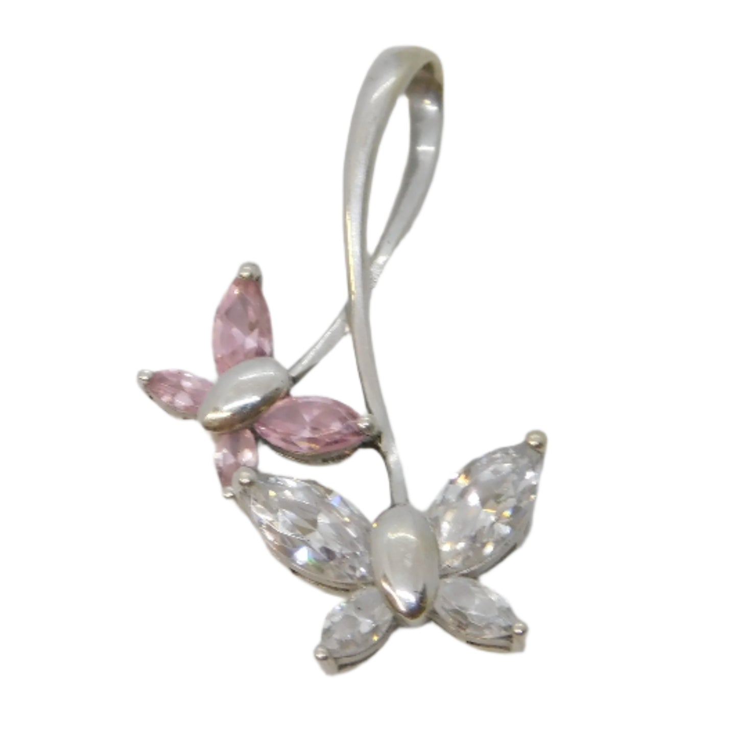 9ct White Gold, Pink Topaz & Paste Butterfly Drop Pendant Vintage c1990