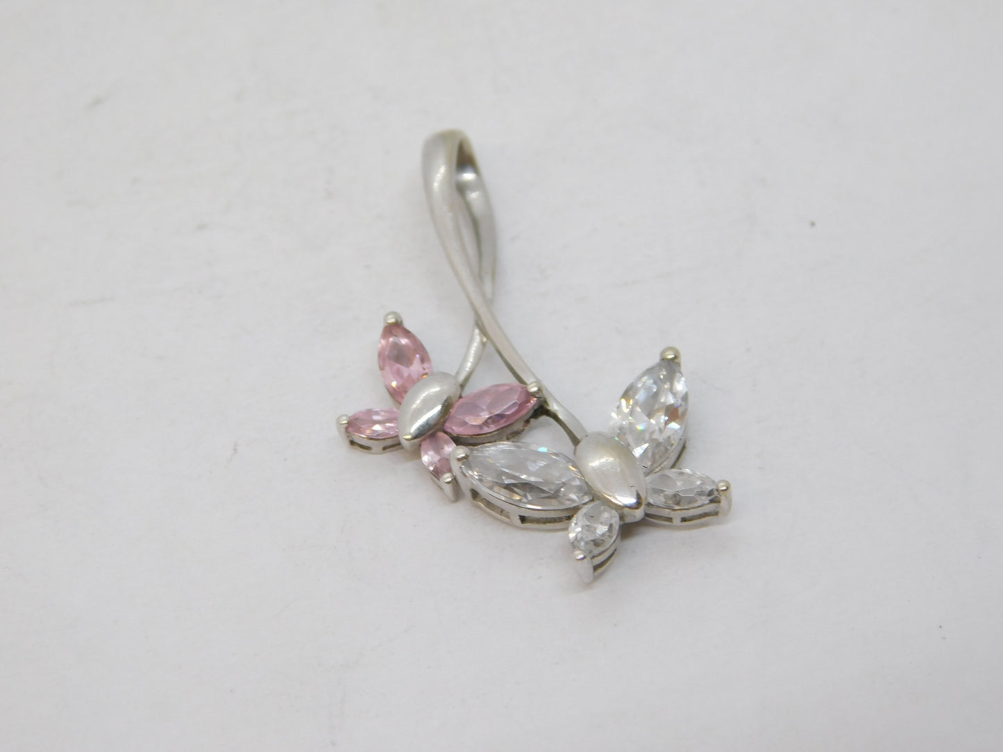 9ct White Gold, Pink Topaz & Paste Butterfly Drop Pendant Vintage c1990