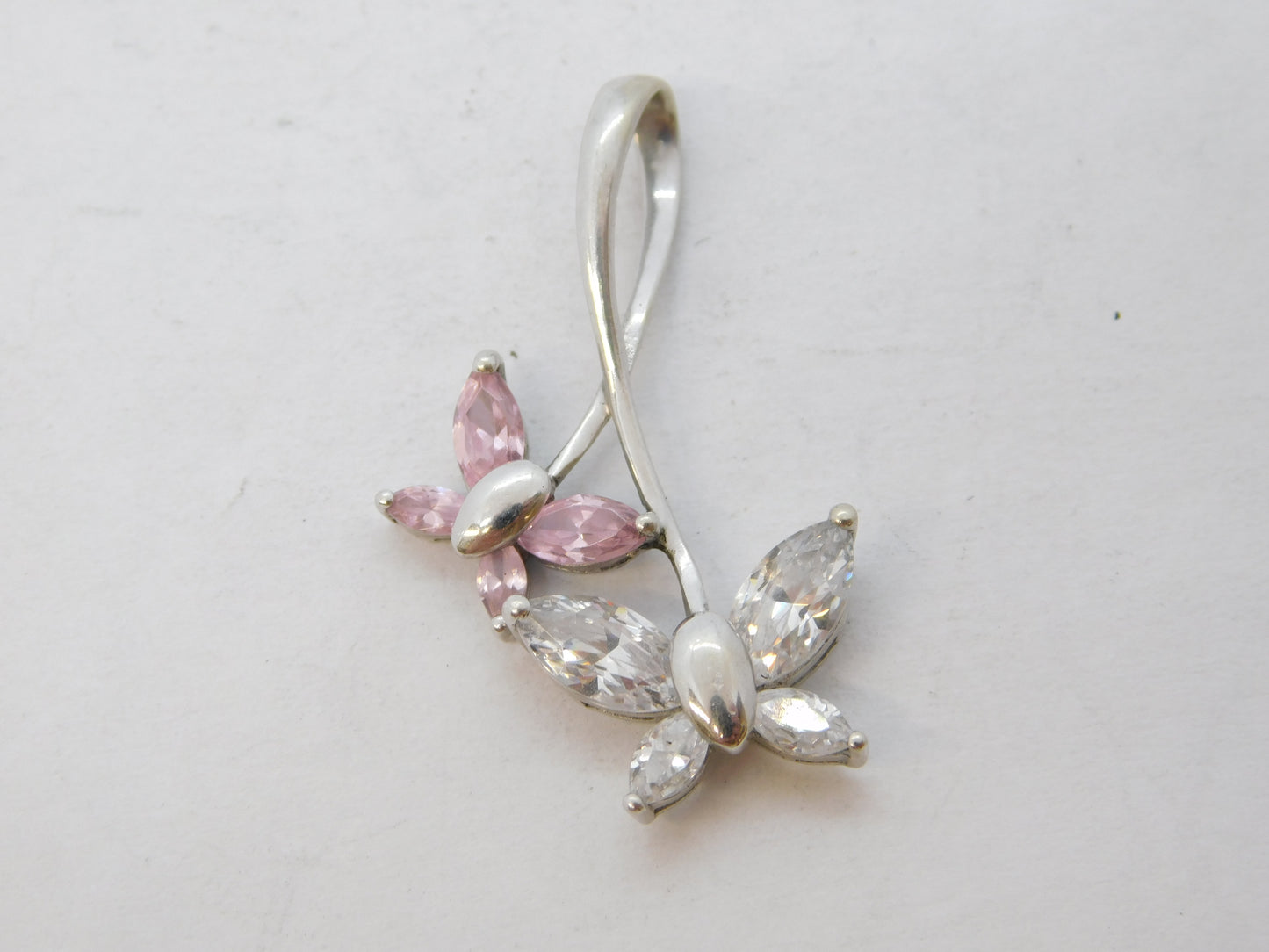 9ct White Gold, Pink Topaz & Paste Butterfly Drop Pendant Vintage c1990