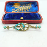Victorian Sterling Silver Gilt Turquoise & Pearl Lovers Knot Brooch Antique 1860
