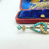 Victorian Sterling Silver Gilt Turquoise & Pearl Lovers Knot Brooch Antique 1860