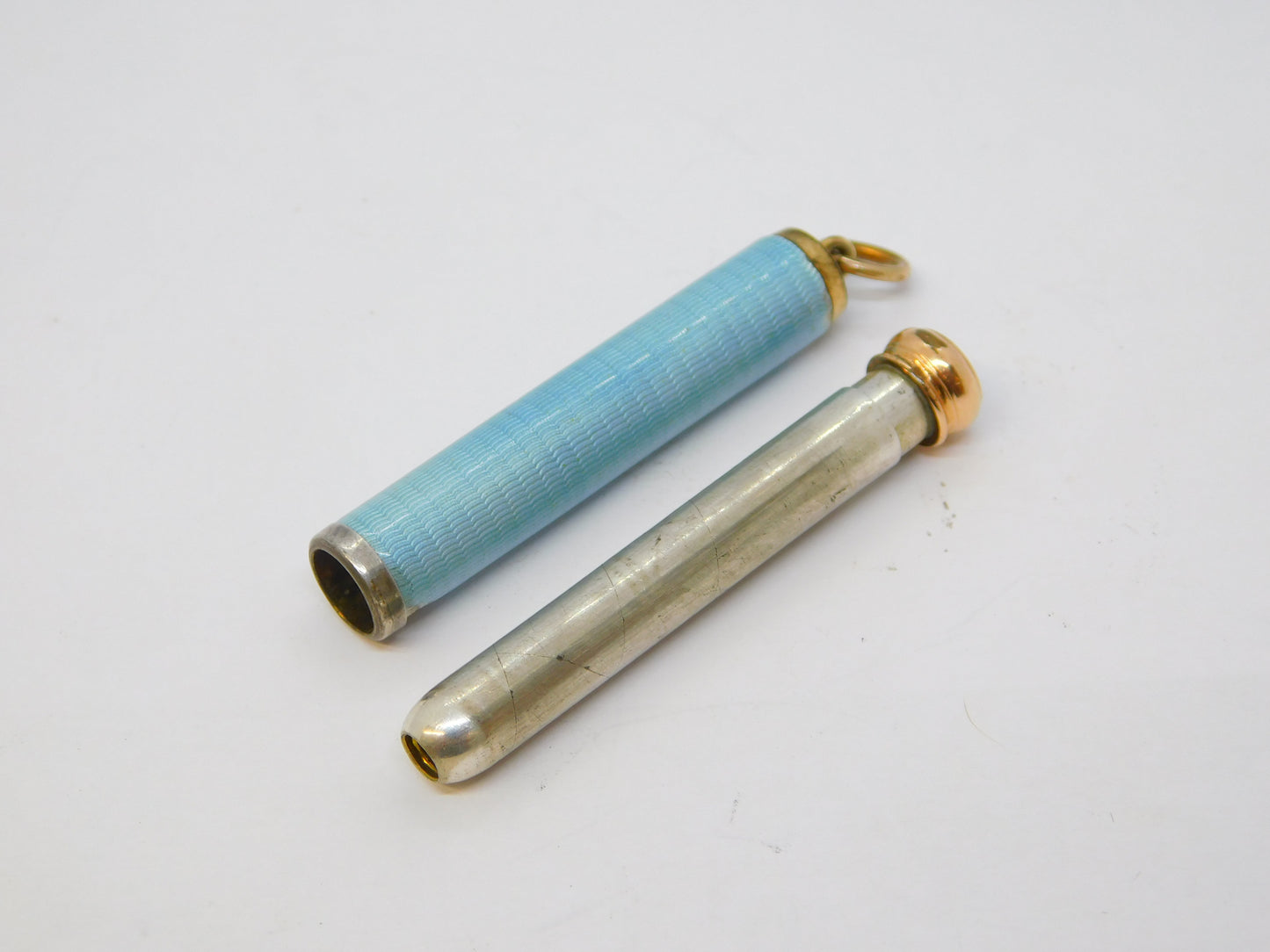 Edwardian Rolled Gold Blue Guilloche Enamel Pencil Holder Fob Antique c1910