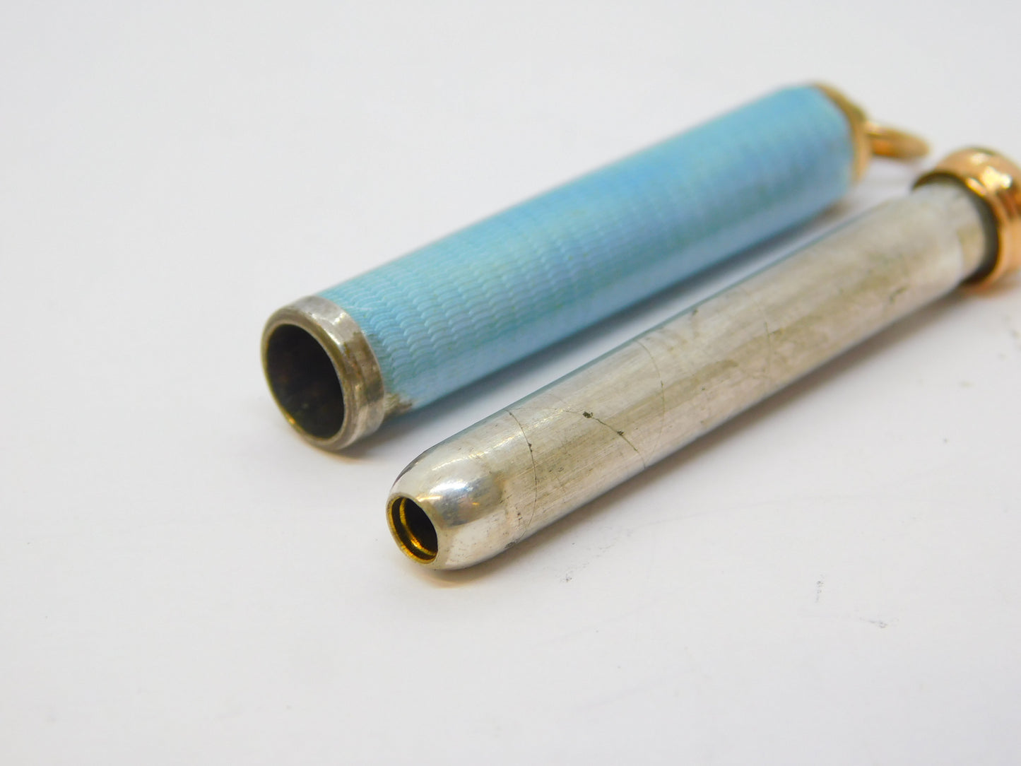 Edwardian Rolled Gold Blue Guilloche Enamel Pencil Holder Fob Antique c1910