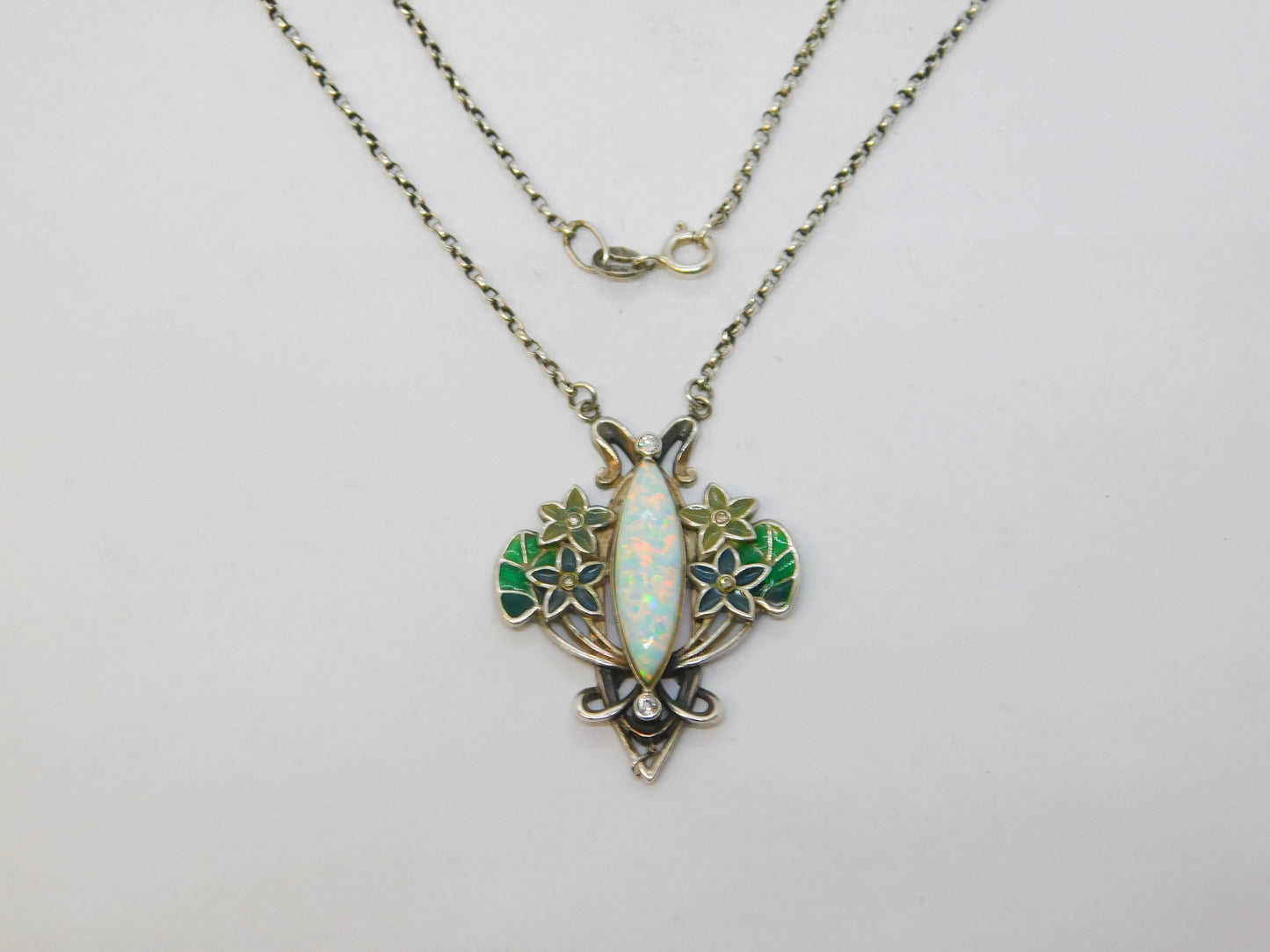 Sterling Silver Plique-à-jour Enamel, Spinel & Marquise Cut Opal Necklace Vintage