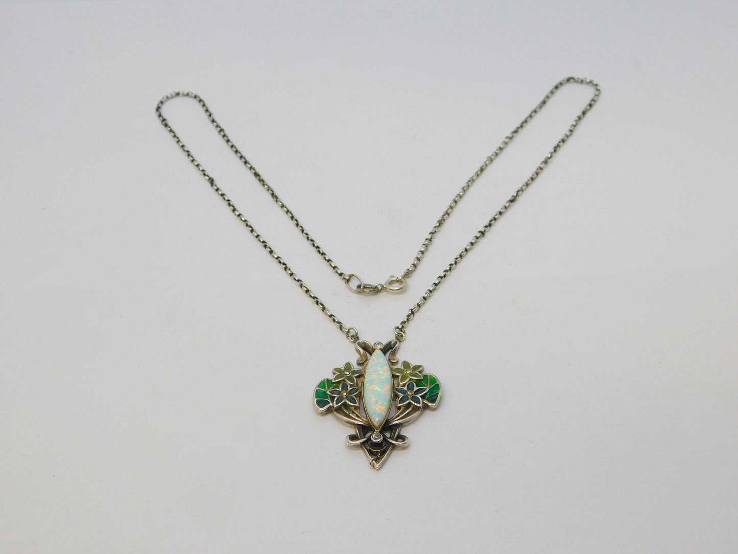 Sterling Silver Plique-à-jour Enamel, Spinel & Marquise Cut Opal Necklace Vintage