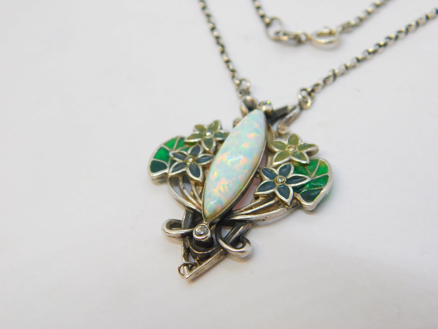 Sterling Silver Plique-à-jour Enamel, Spinel & Marquise Cut Opal Necklace Vintage