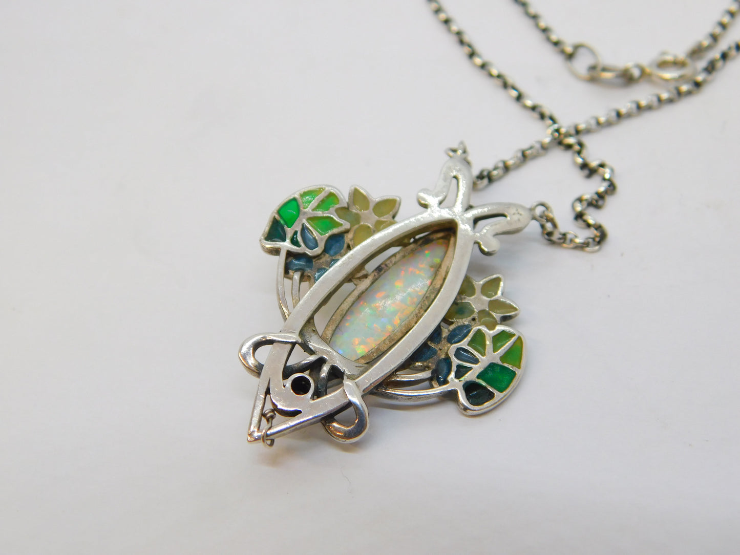 Sterling Silver Plique-à-jour Enamel, Spinel & Marquise Cut Opal Necklace Vintage