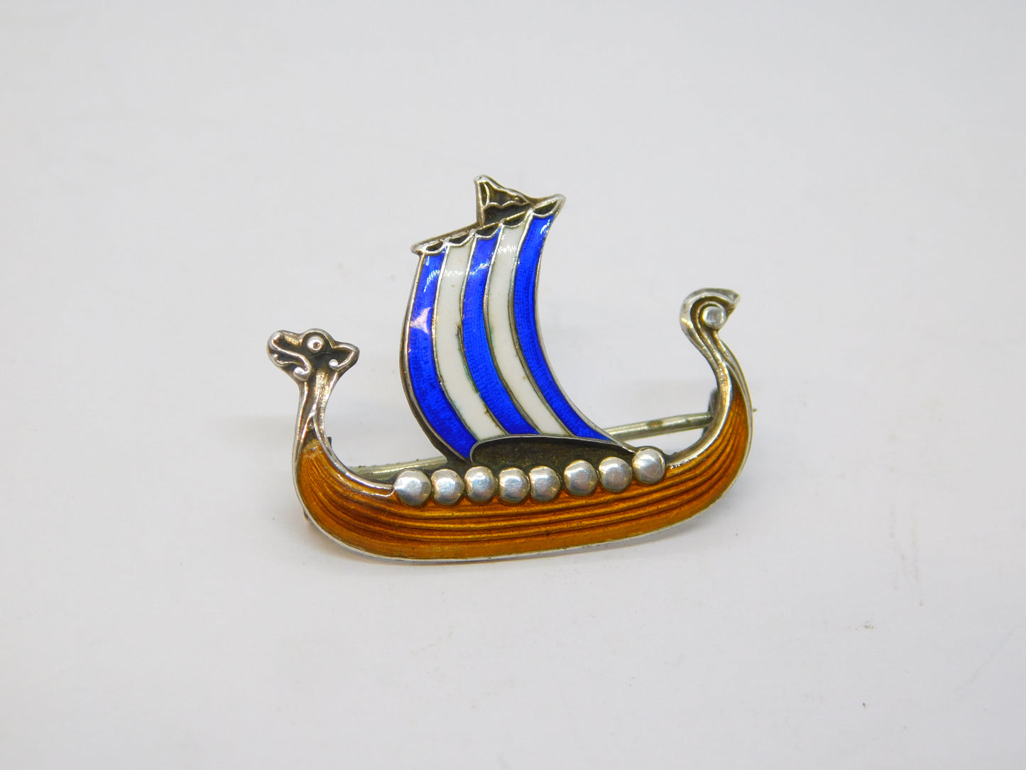 20th Century Scandinavian Sterling Silver Enamel Viking Boat Brooch Antique c1920