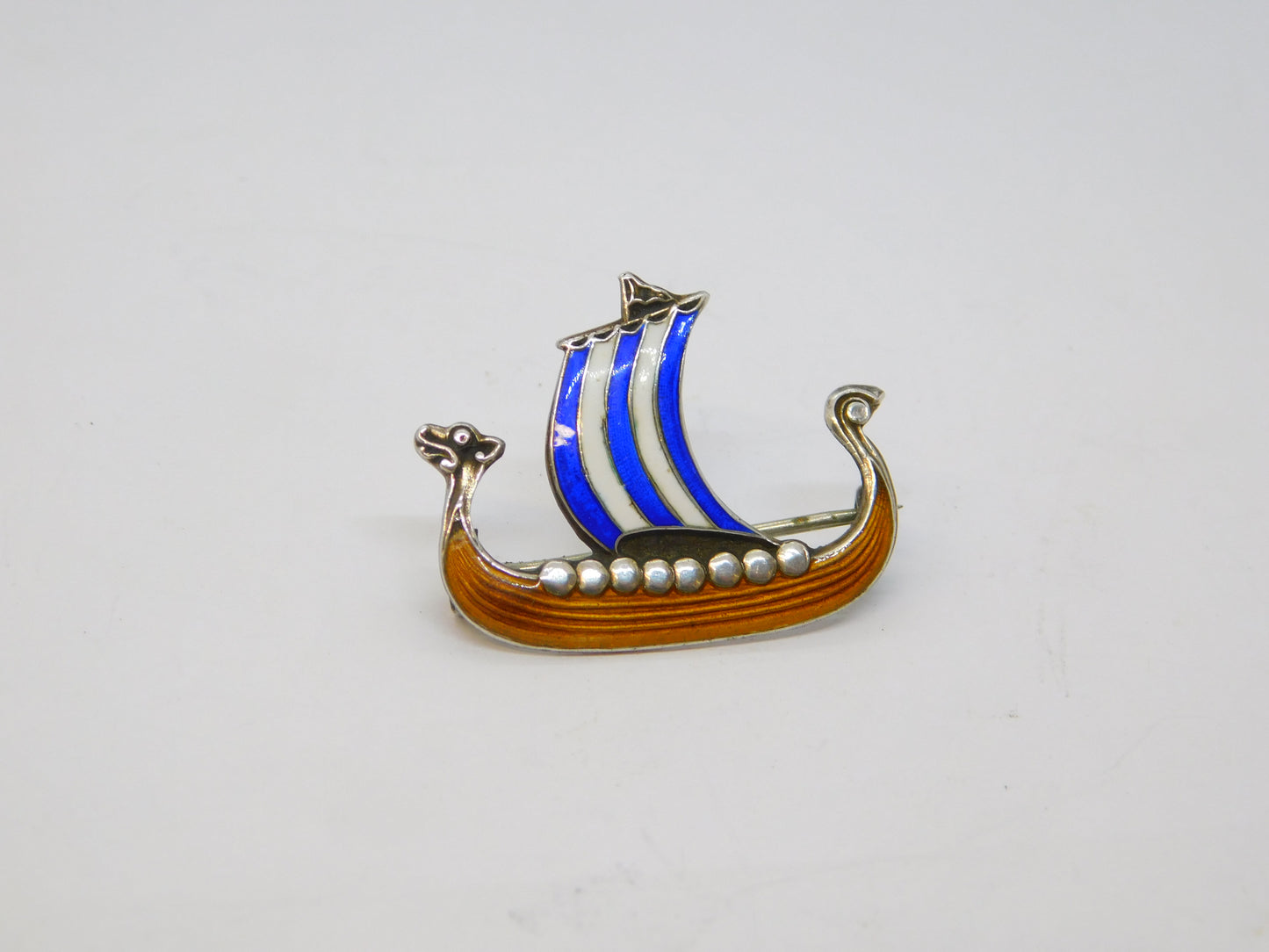 20th Century Scandinavian Sterling Silver Enamel Viking Boat Brooch Antique c1920