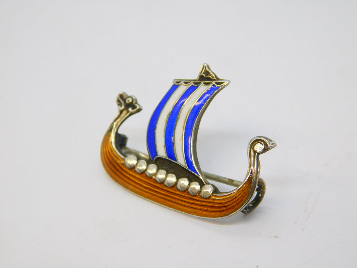 20th Century Scandinavian Sterling Silver Enamel Viking Boat Brooch Antique c1920