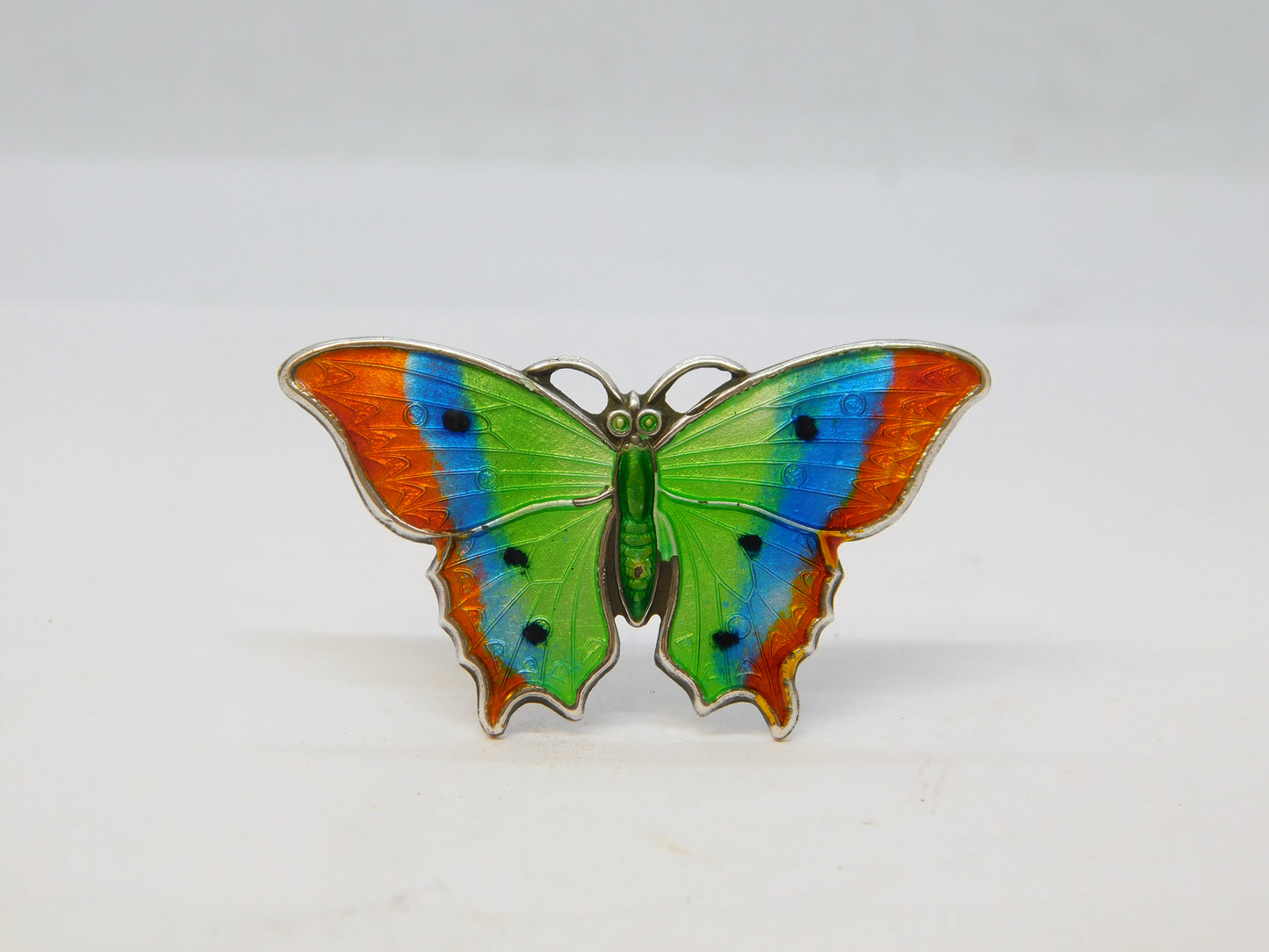 Edwardian Sterling Silver Guilloche Enamel Butterfly Sweetheart Brooch Antique c1910