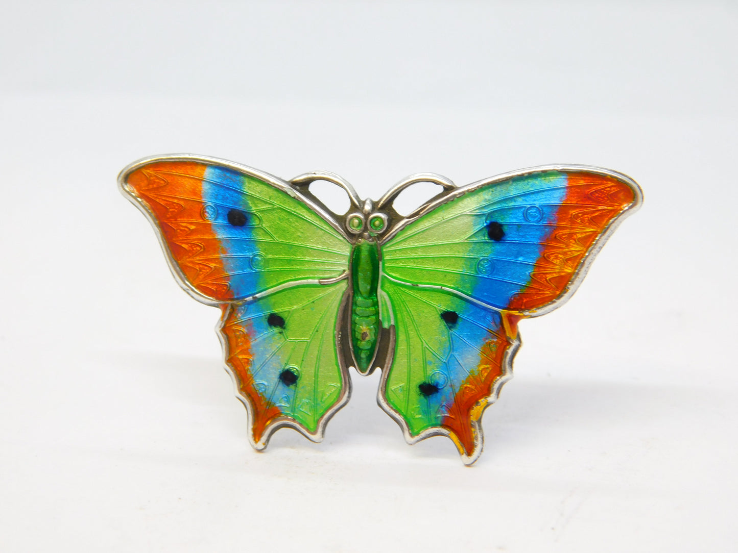 Edwardian Sterling Silver Guilloche Enamel Butterfly Sweetheart Brooch Antique c1910
