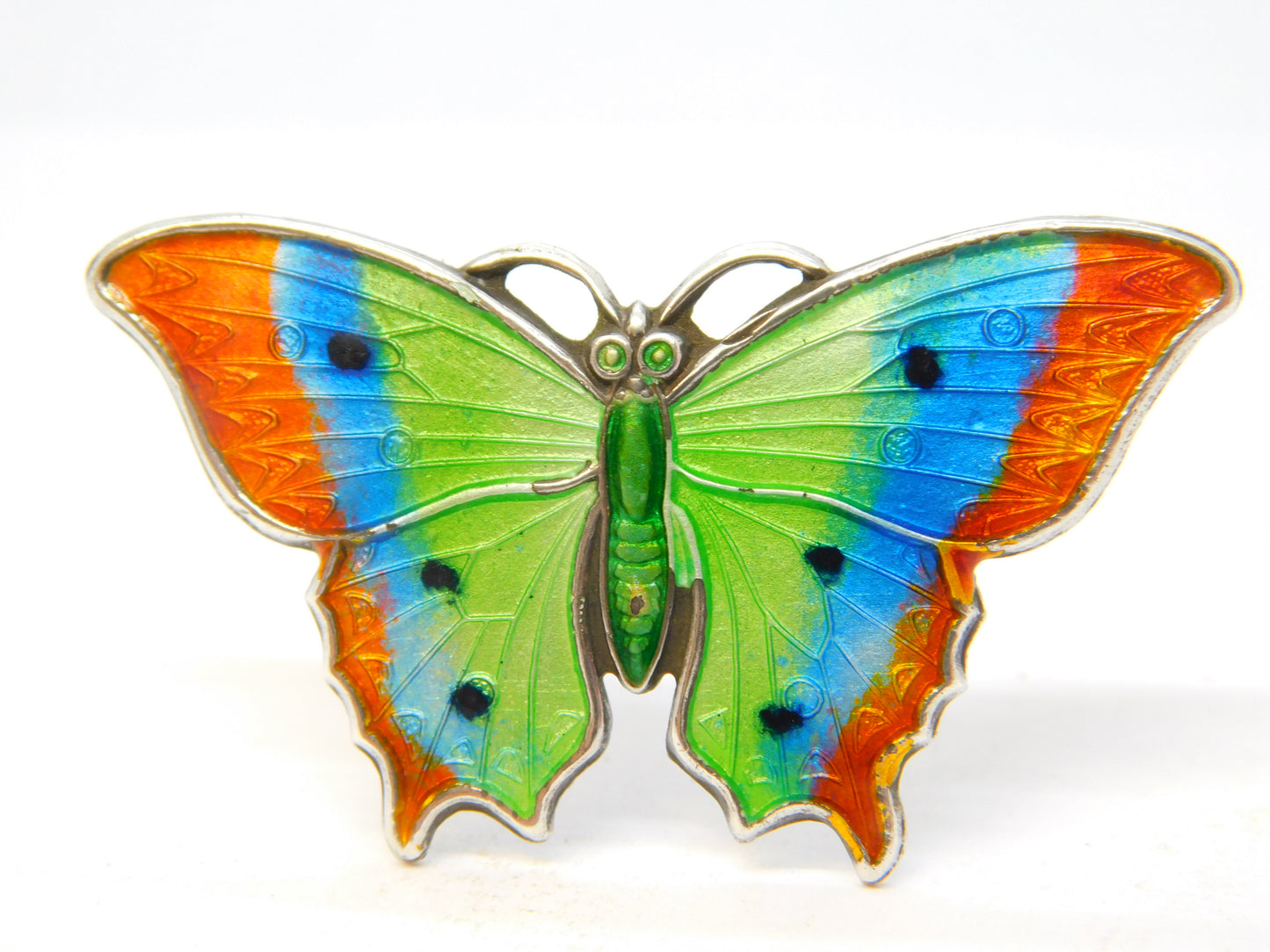 Edwardian Sterling Silver Guilloche Enamel Butterfly Sweetheart Brooch Antique c1910