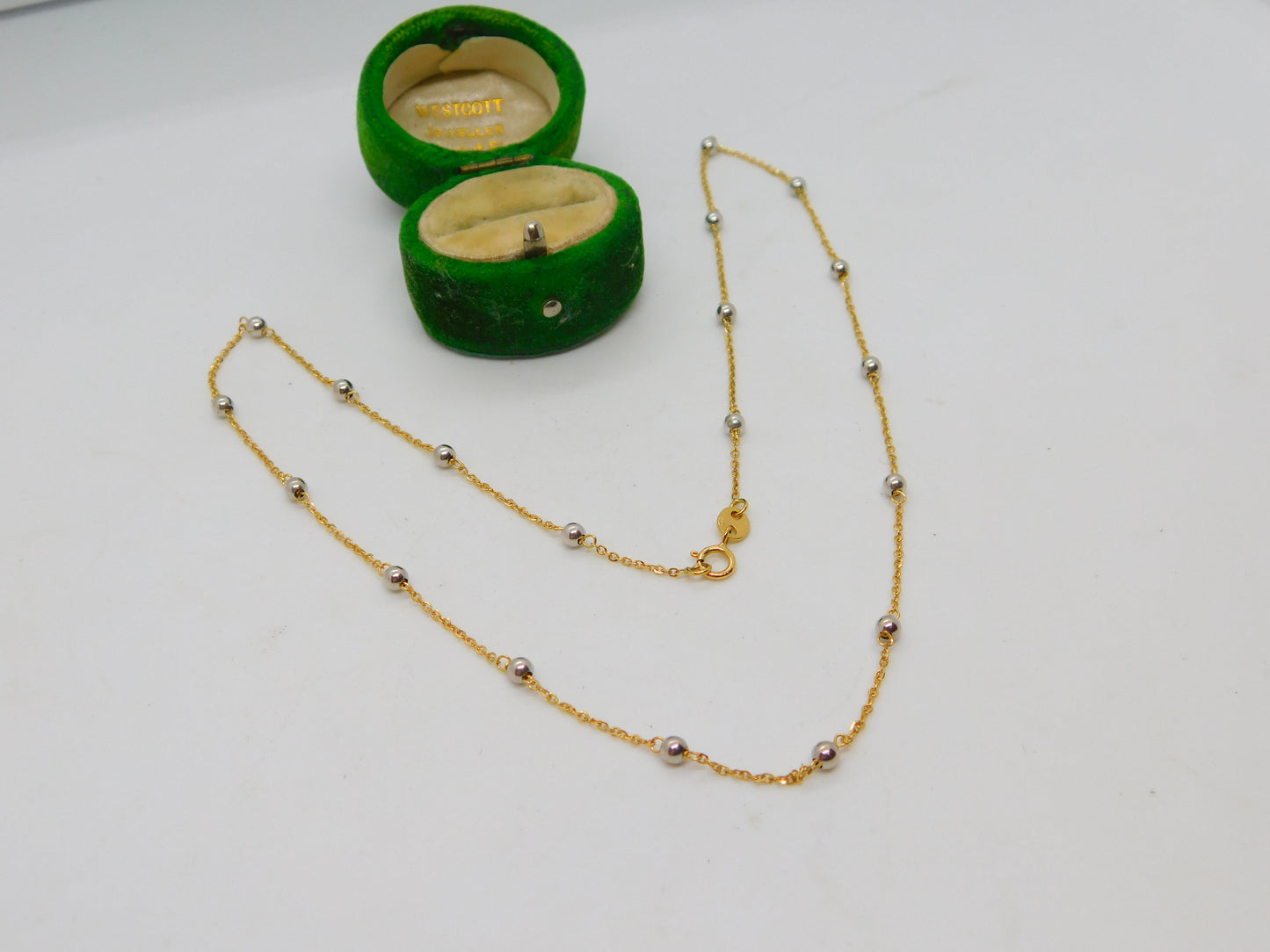 Italian 18ct Yellow & White Gold Bi-Colour Beaded Chain Necklace Vintage c1990