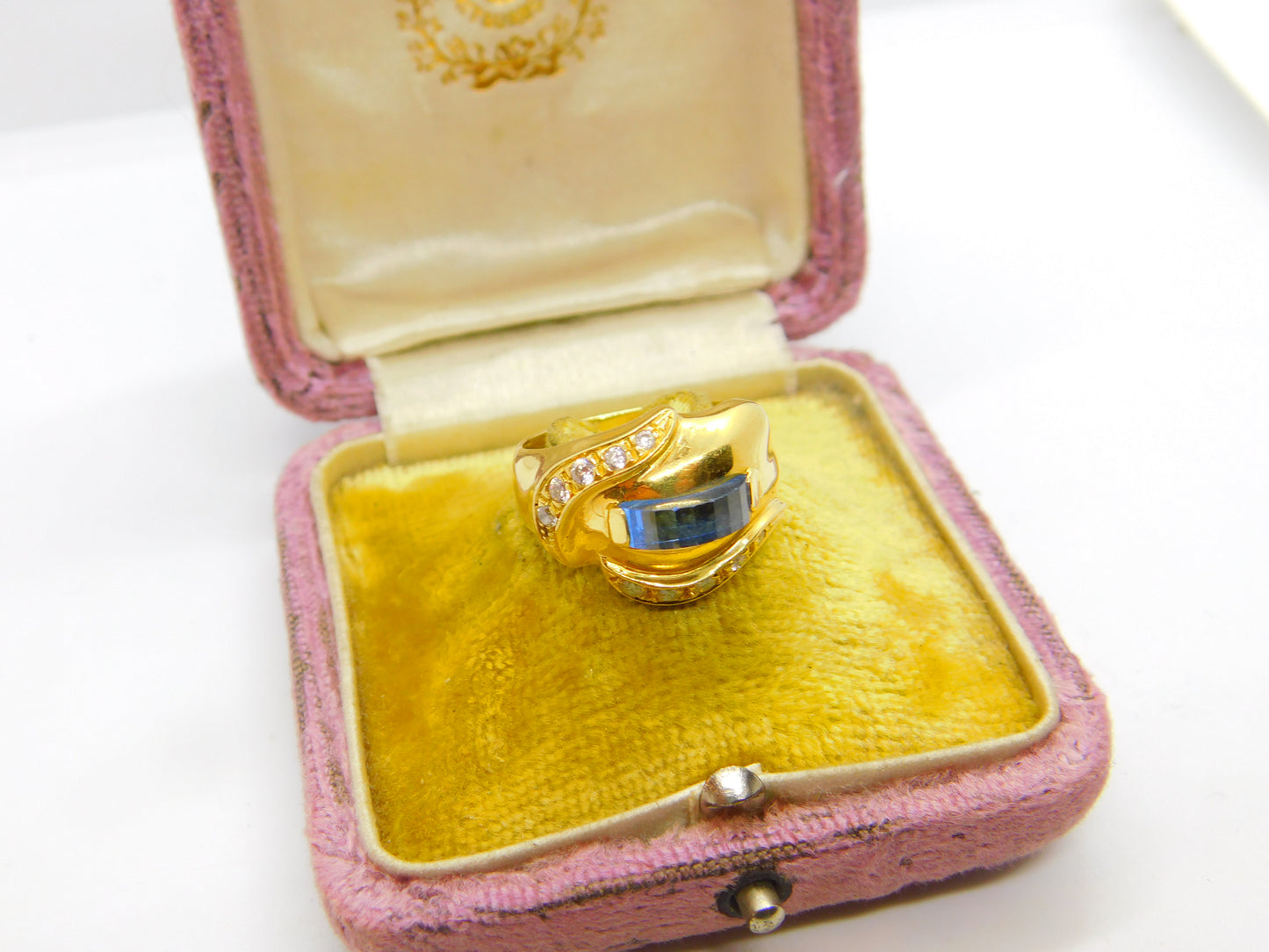 18ct Yellow Gold, Sapphire & Diamond Paste Modernist Dress Ring Vintage c1970