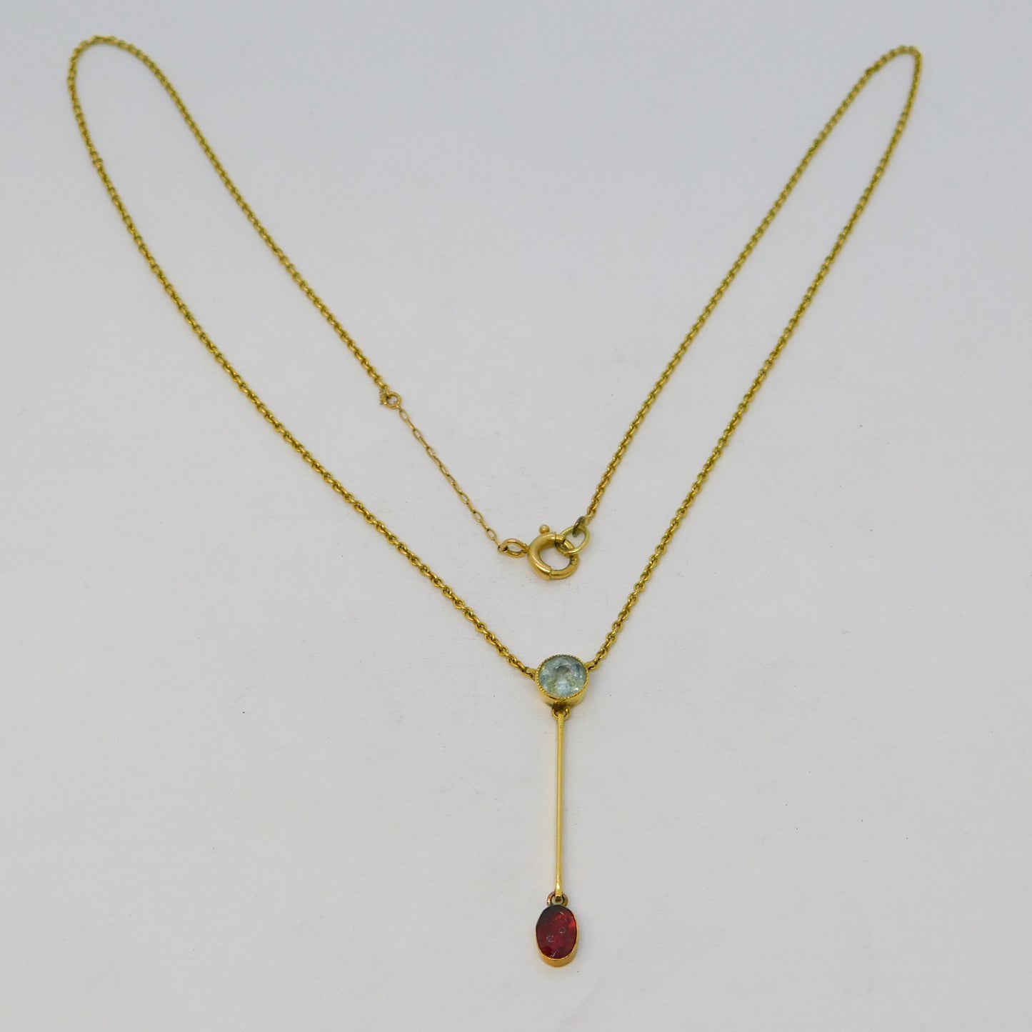 Victorian 15ct Yellow Gold, Aquamarine & Garnet Drop Necklace Antique c1890