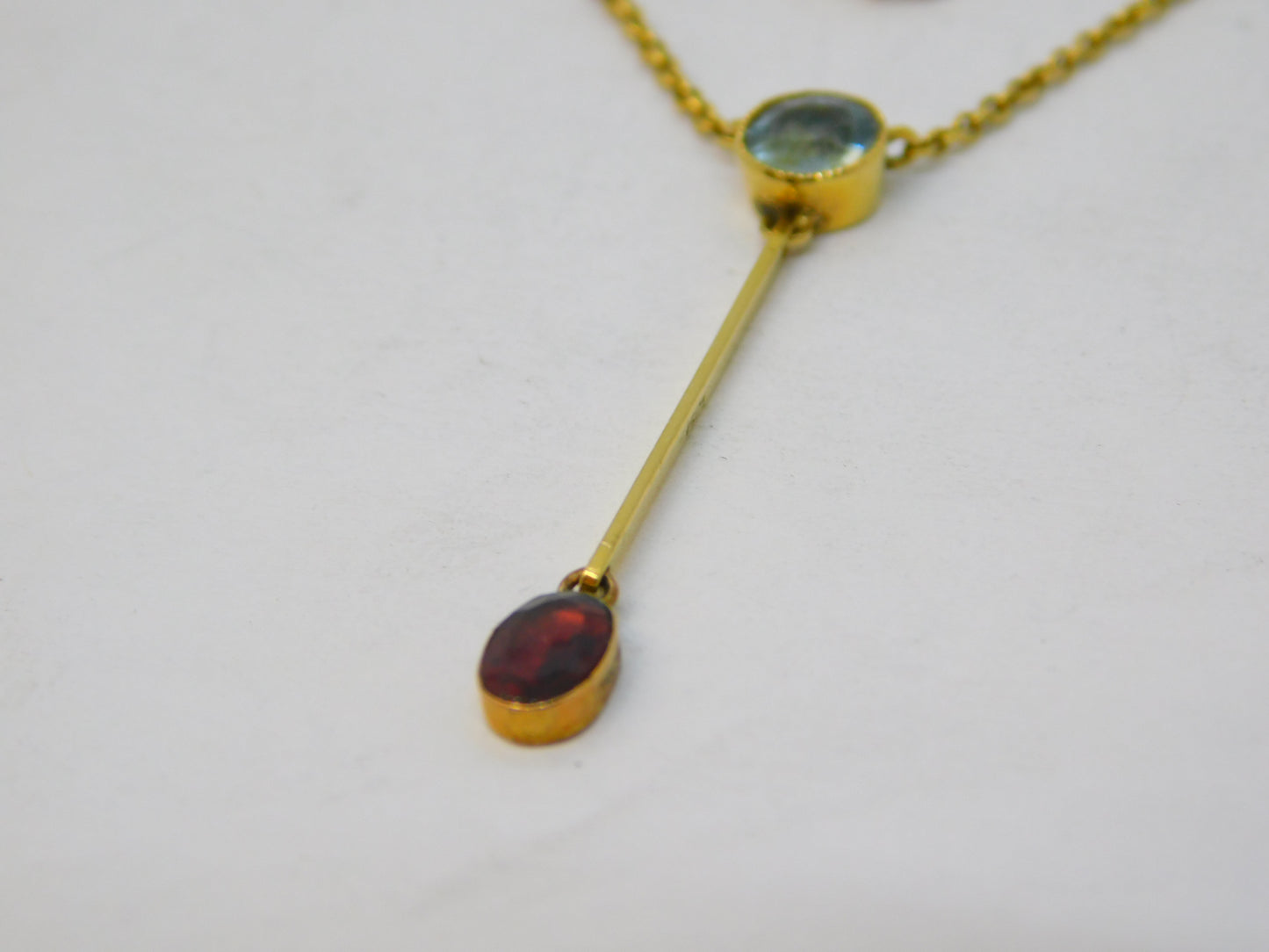Victorian 15ct Yellow Gold, Aquamarine & Garnet Drop Necklace Antique c1890