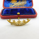 Victorian 15ct Gold Seed Pearl Set Crescent & Star Sweetheart Brooch c1860