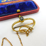Victorian 15ct Gold, Tourmaline & Seed Pearl Swirl Sweetheart Brooch c1860