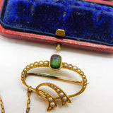 Victorian 15ct Gold, Tourmaline & Seed Pearl Swirl Sweetheart Brooch c1860