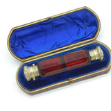 Victorian Boxed Sterling Silver Gilt Cranberry Glass Double Ended Scent Bottle c1880 Antique