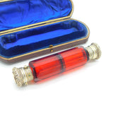 Victorian Boxed Sterling Silver Gilt Cranberry Glass Double Ended Scent Bottle c1880 Antique
