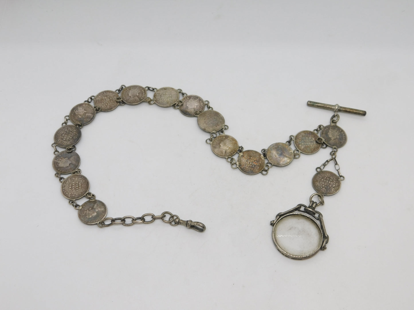 Victorian Sterling Silver Two Annas Indian Coin Watch Chain Antique 1888