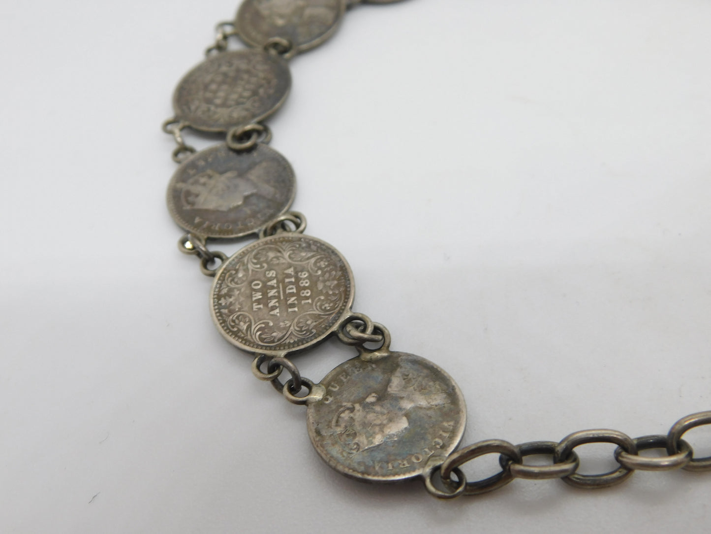 Victorian Sterling Silver Two Annas Indian Coin Watch Chain Antique 1888