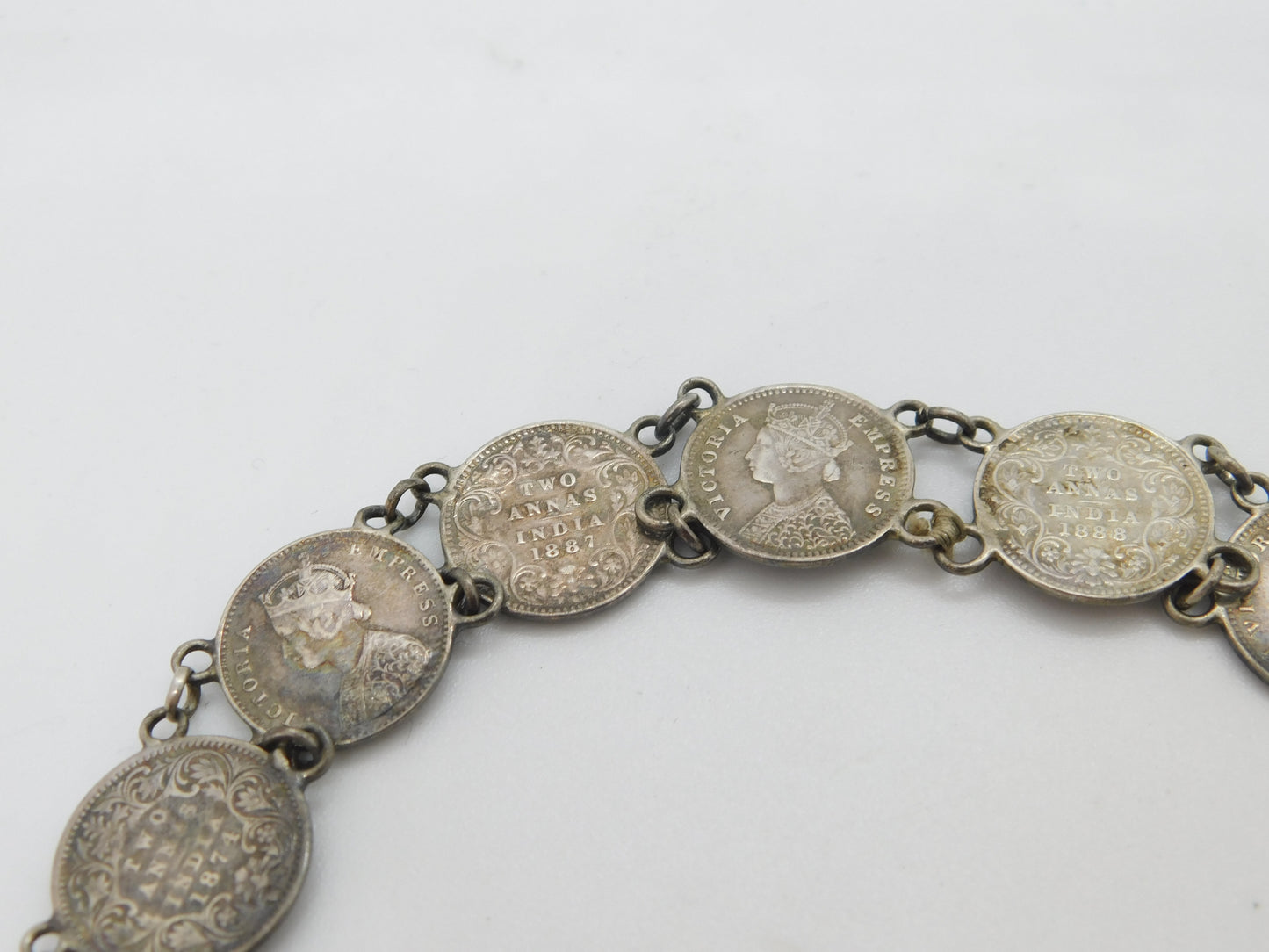 Victorian Sterling Silver Two Annas Indian Coin Watch Chain Antique 1888