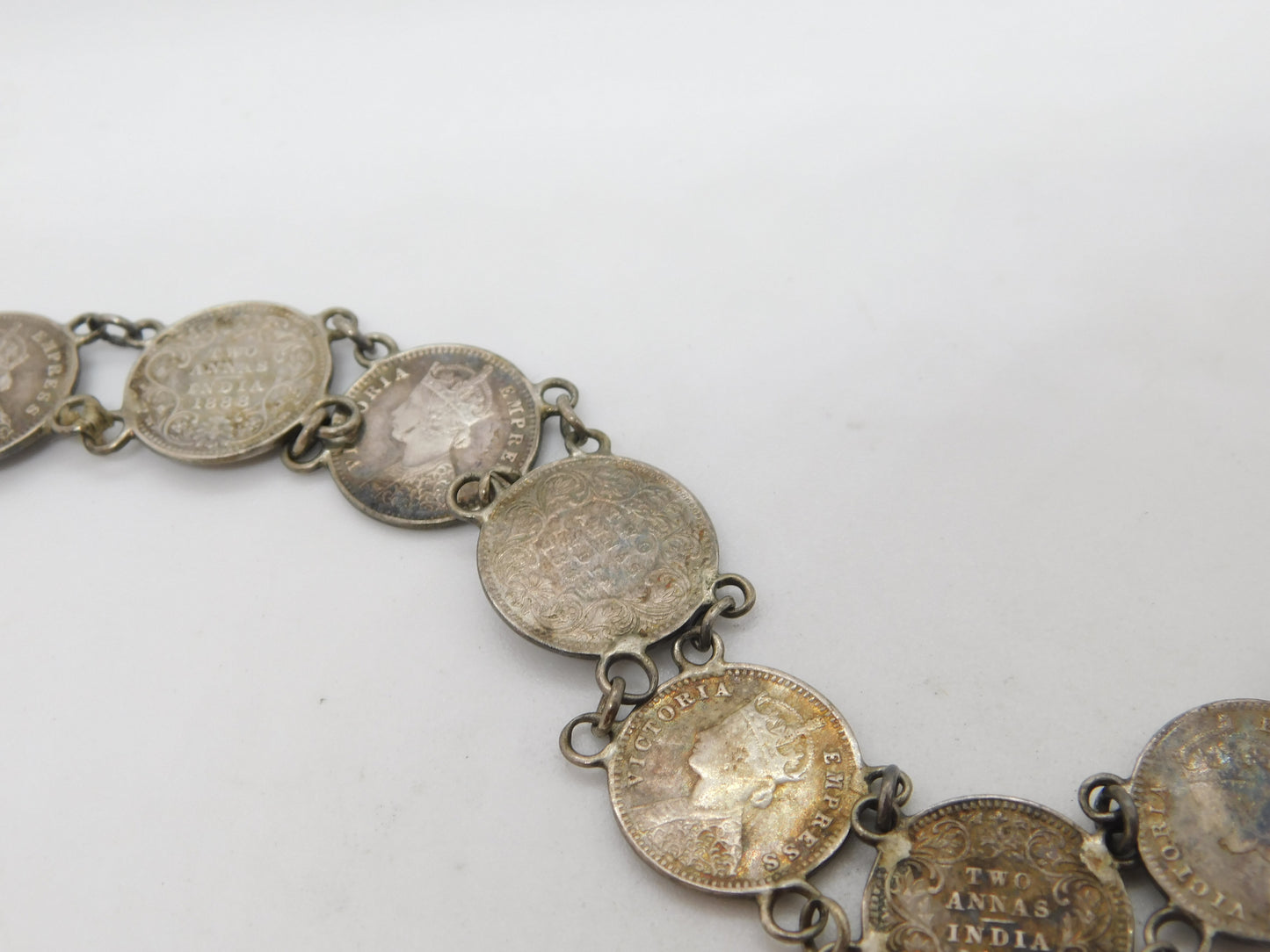 Victorian Sterling Silver Two Annas Indian Coin Watch Chain Antique 1888