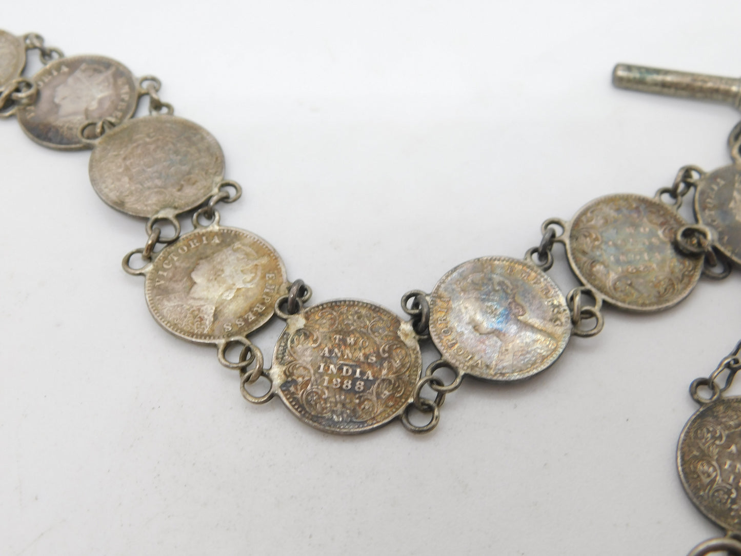Victorian Sterling Silver Two Annas Indian Coin Watch Chain Antique 1888