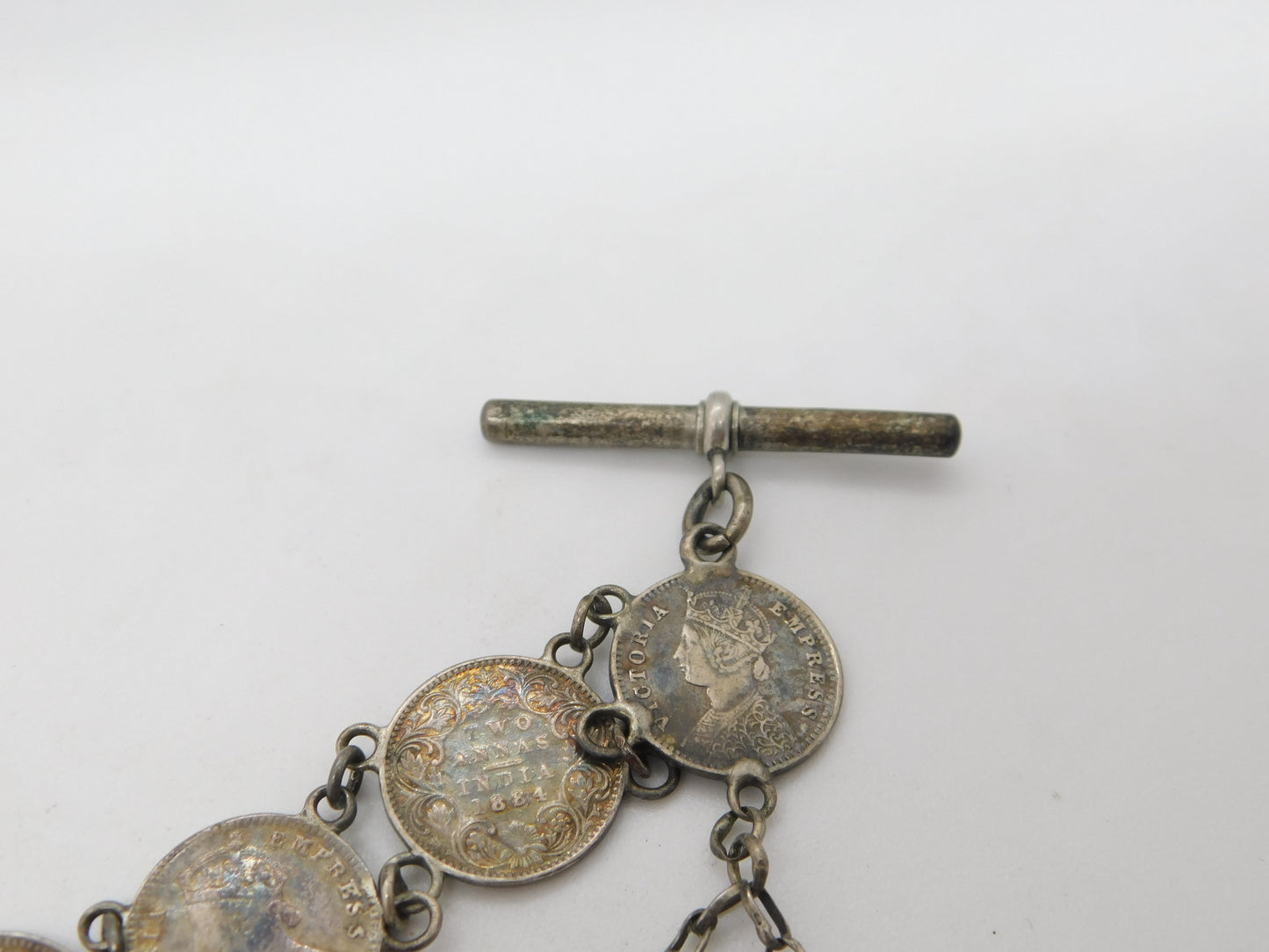 Victorian Sterling Silver Two Annas Indian Coin Watch Chain Antique 1888