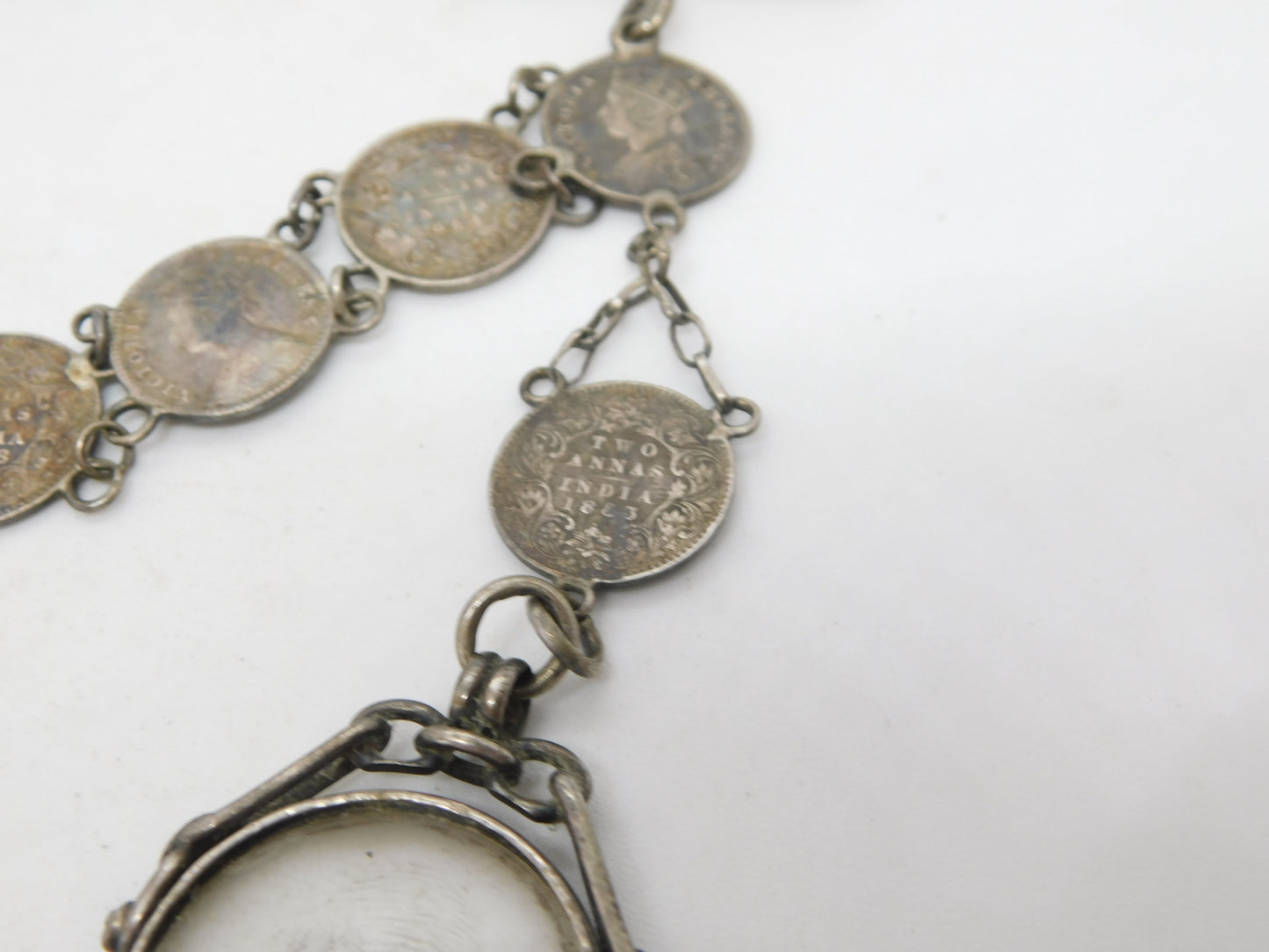 Victorian Sterling Silver Two Annas Indian Coin Watch Chain Antique 1888