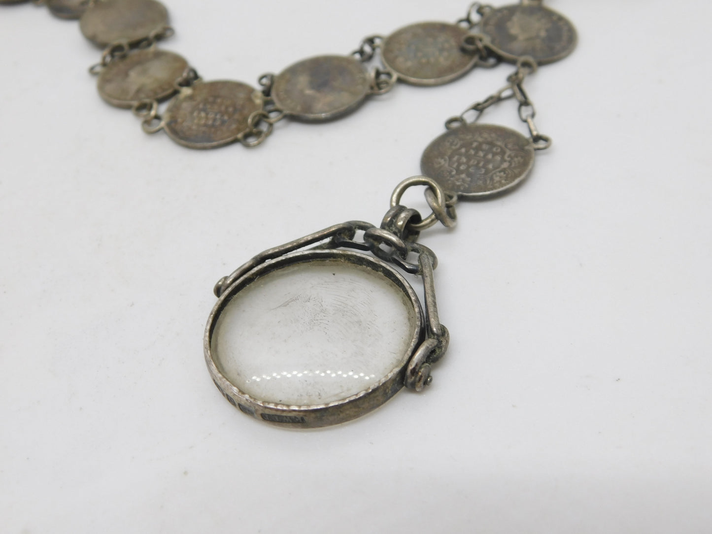 Victorian Sterling Silver Two Annas Indian Coin Watch Chain Antique 1888