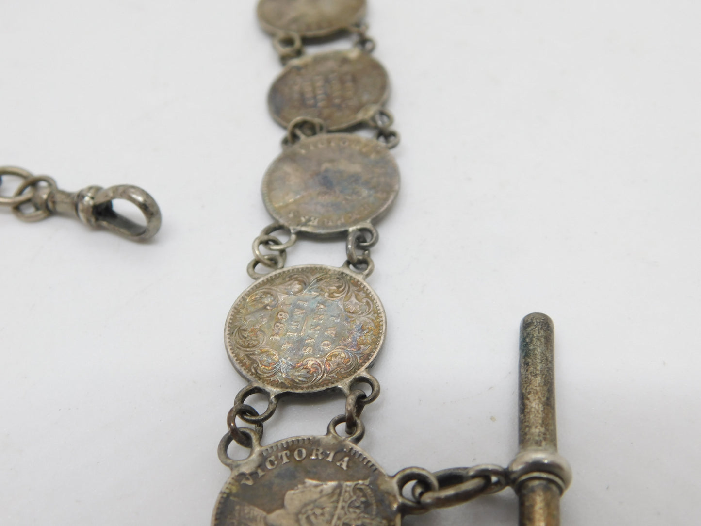 Victorian Sterling Silver Two Annas Indian Coin Watch Chain Antique 1888