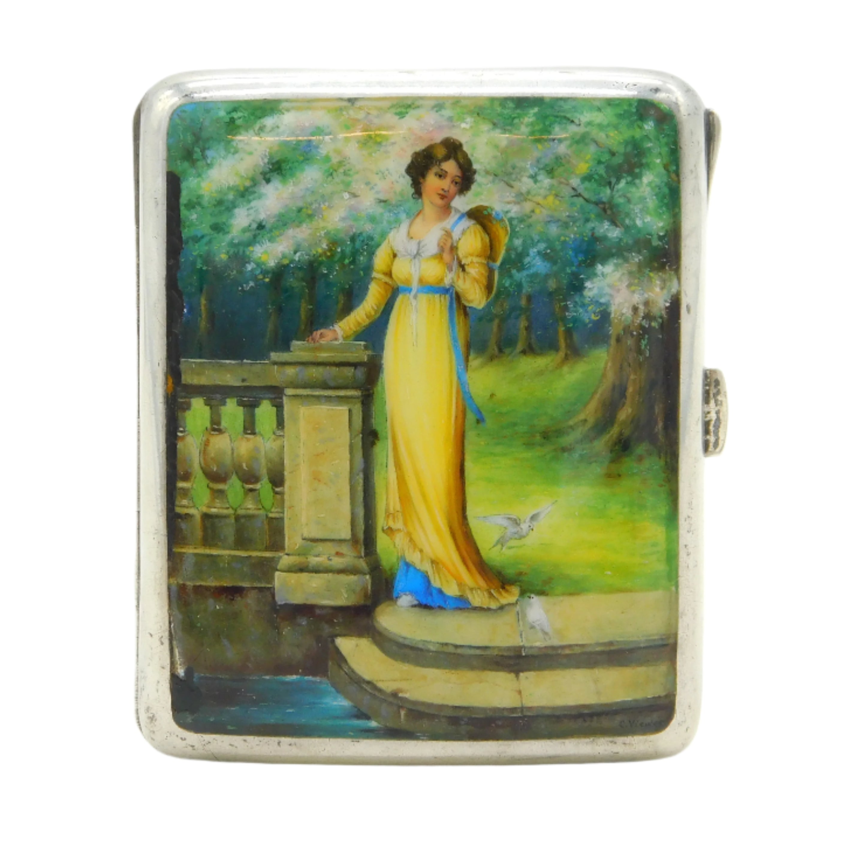 ladies cigarette cases uk Mirror Case credit cards Edwardian Sterling Silver Enamel Lady