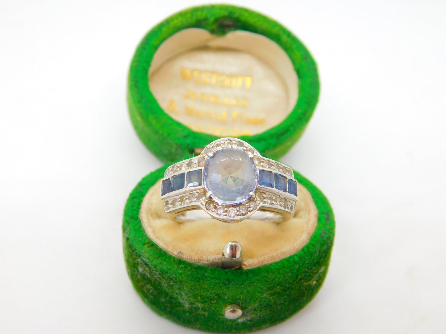 18ct White Gold, 1.6ct Central Sapphire & Diamond Engagement Ring Vintage c1990