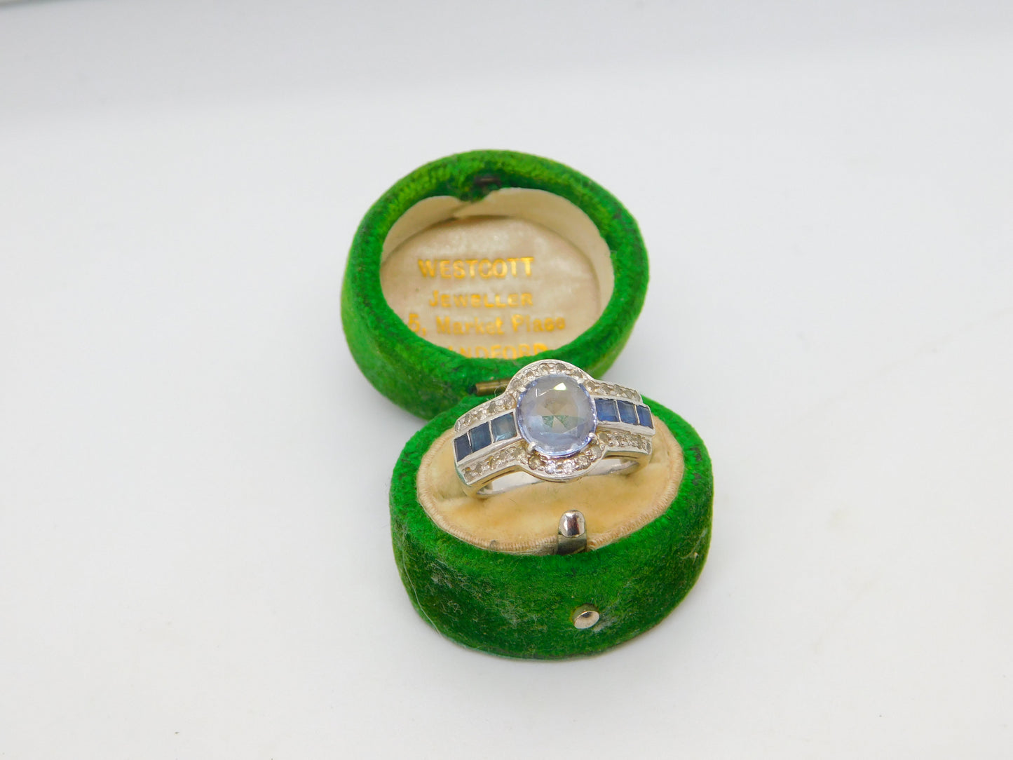 18ct White Gold, 1.6ct Central Sapphire & Diamond Engagement Ring Vintage c1990